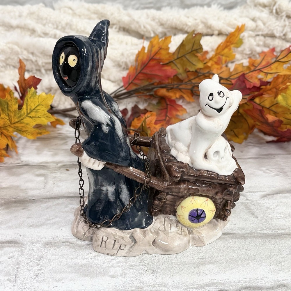 Vtg Halloween RIP Grim Reaper Pulling Cart Ghosts Skeleton Ceramic Spooky Decor